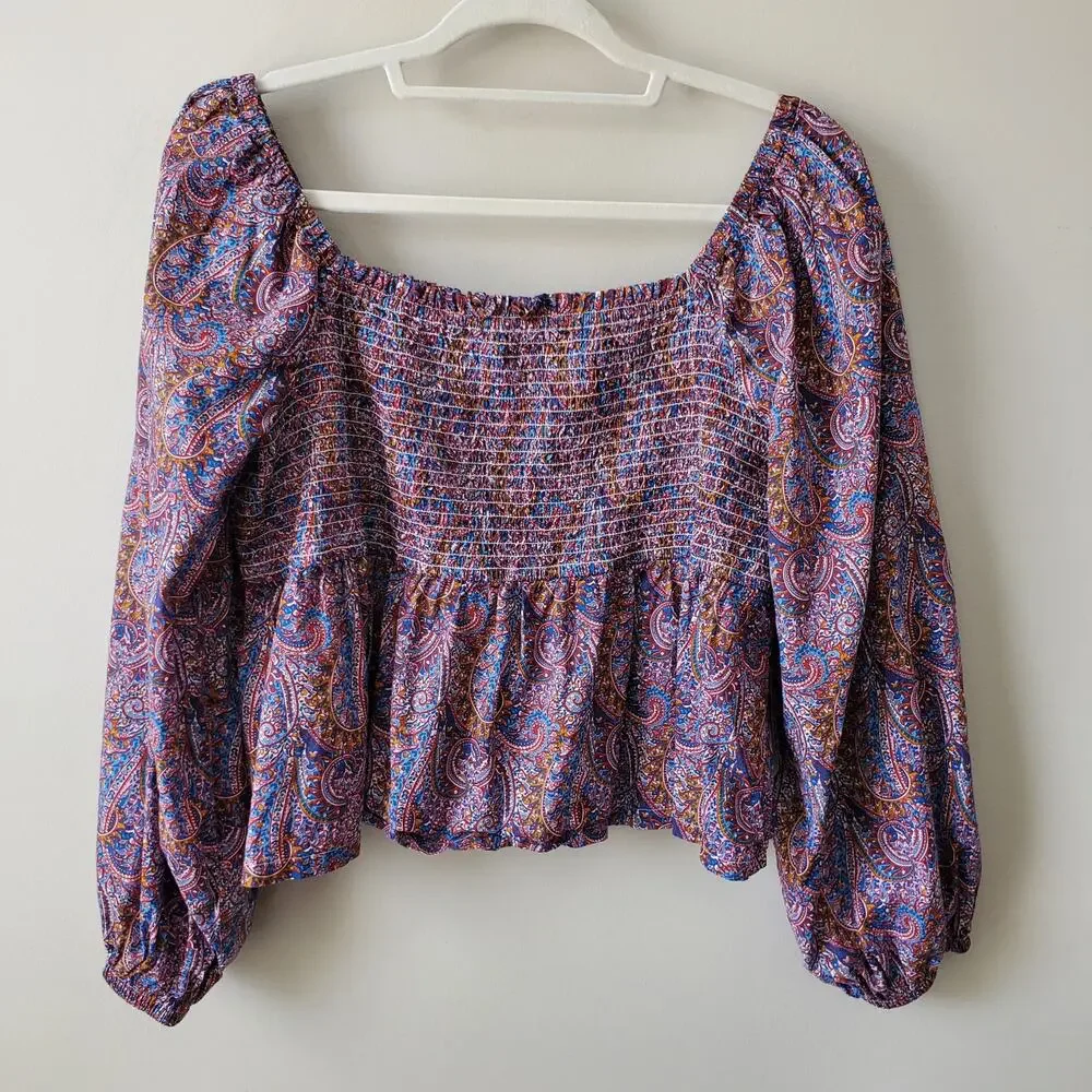 J Crew Liberty Tropical Prince Paisley Puff Sleeve Smocked Top 2X Fairy Boho